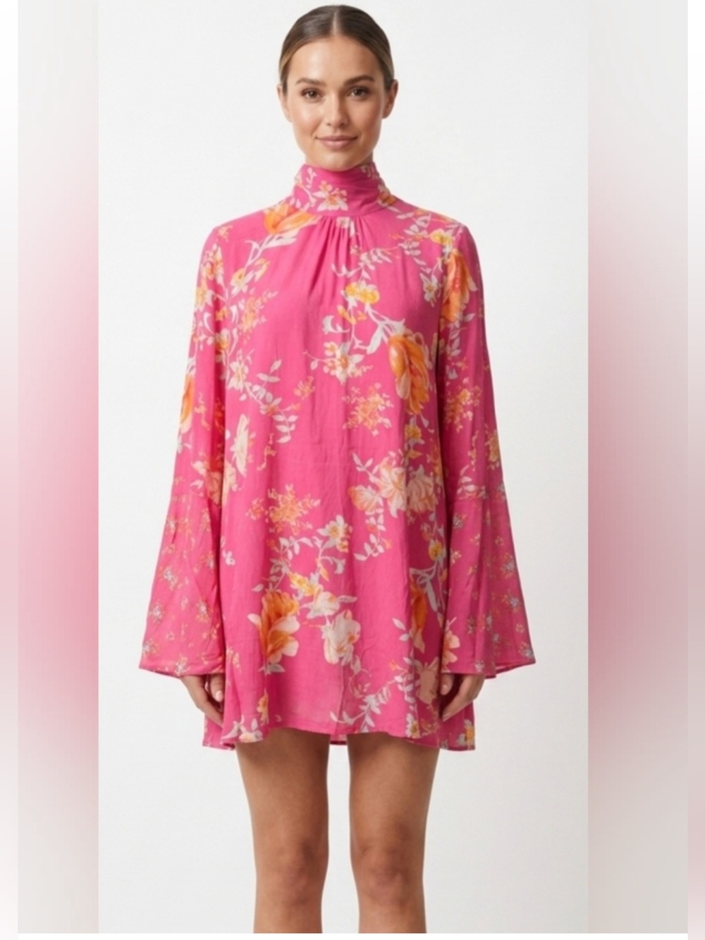 Free People Lollipop Combo Tate Pink Floral Barbiecore Mini Dress Tunic SZ L NWT